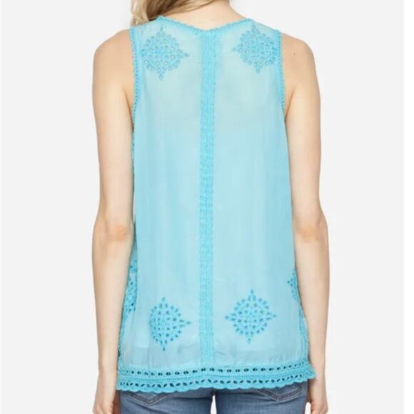 Johnny Was Blue Embroidered Eyelet Spear Tank Top - Picture 3 of 11